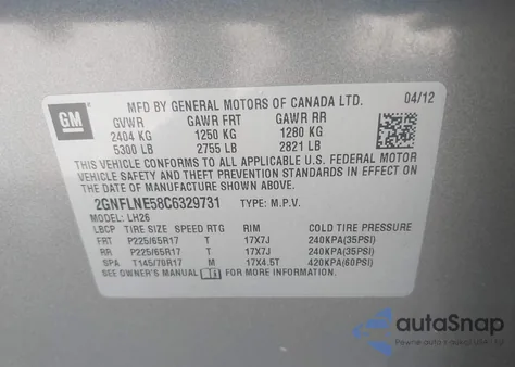 2012 Chevrolet Equinox 2Lt from USA, damaged, VIN 2GNFLNE58C6329731